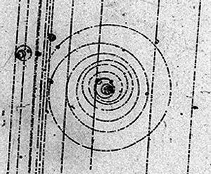 image credit: <a href="http://copyright.web.cern.ch/" target="_blank">CERN</a>; <a href="http://teachers.web.cern.ch/teachers/archiv/HST2005/bubble_chambers/BCwebsite/index.htm" target="_blank">image source</a>; <a href="http://www.compadre.org/informal/images/features/electrons-spiral-large.gif" target="_blank">larger image</a>